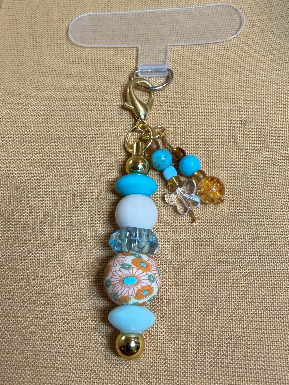 Turquoise & Gold Floral Bead Keychain Charm for your phone purses backpacks .